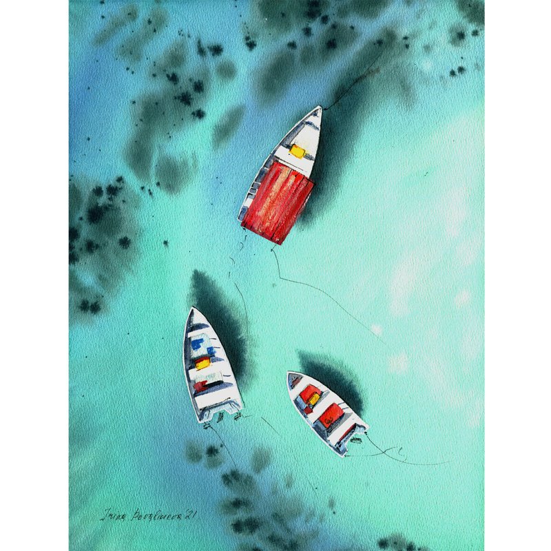 Boats near the reef original watercolor ocean painting, beach wall art - 墙贴/壁贴 - 纸 多色