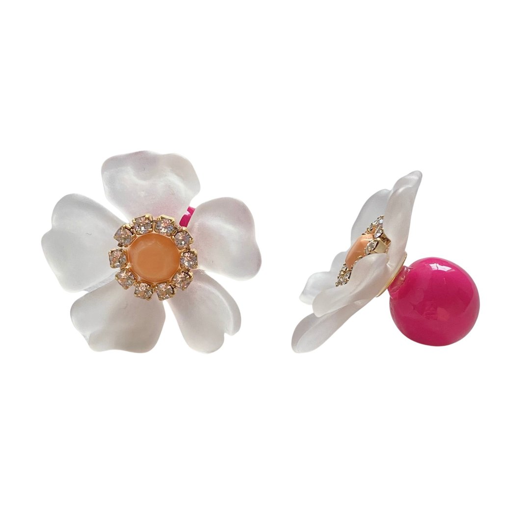 Polymer Clay Bijou Earrings Flower Peach Vivid Pink - 耳环/耳夹 - 粘土 橘色