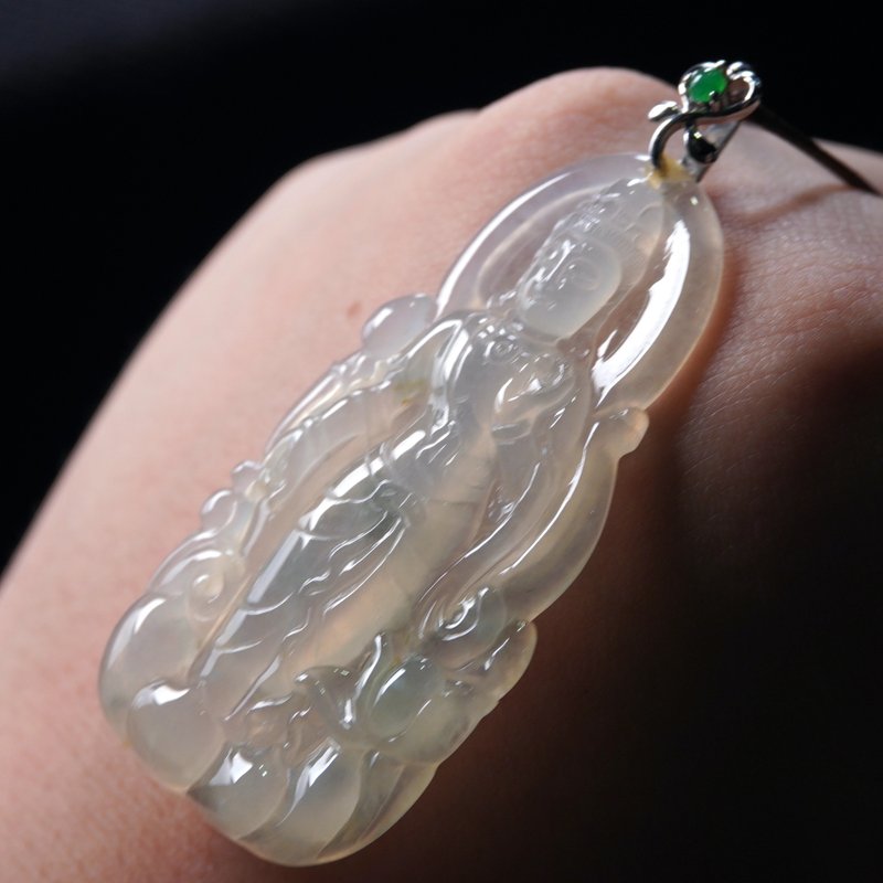 冰种翡翠站莲观音菩萨项链 18K金钻石 | 天然缅甸玉翡翠A货 |送礼 - 项链 - 玉石 透明