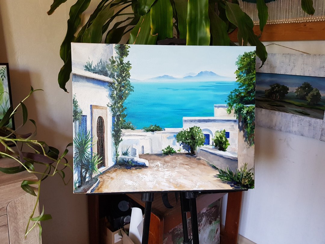 Original cute Landscape Sea town artwork hand painted oil painting - 墙贴/壁贴 - 其他材质 