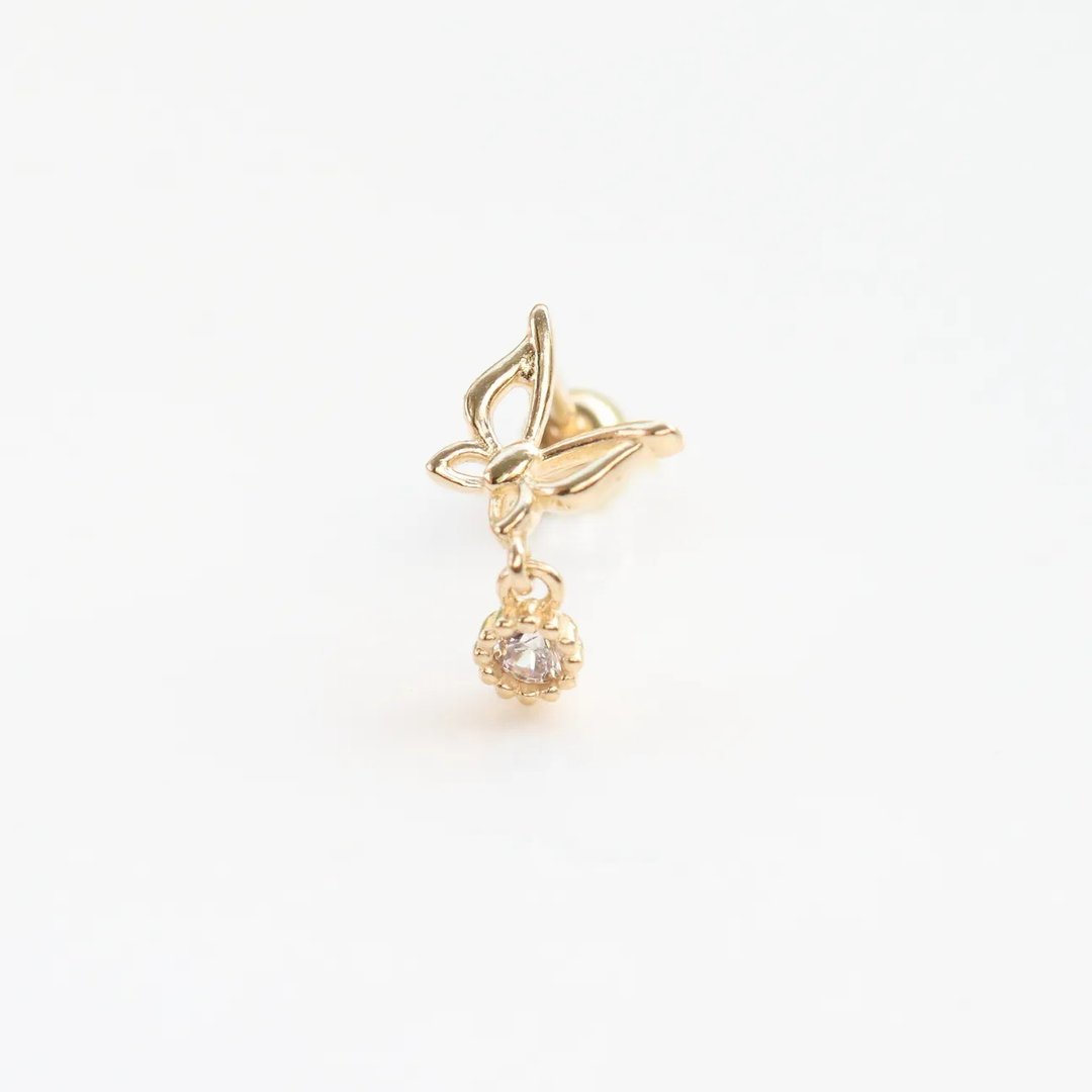 14K 蝴蝶坠钻锁珠耳环_ (单个) - 耳环/耳夹 - 贵金属 金色
