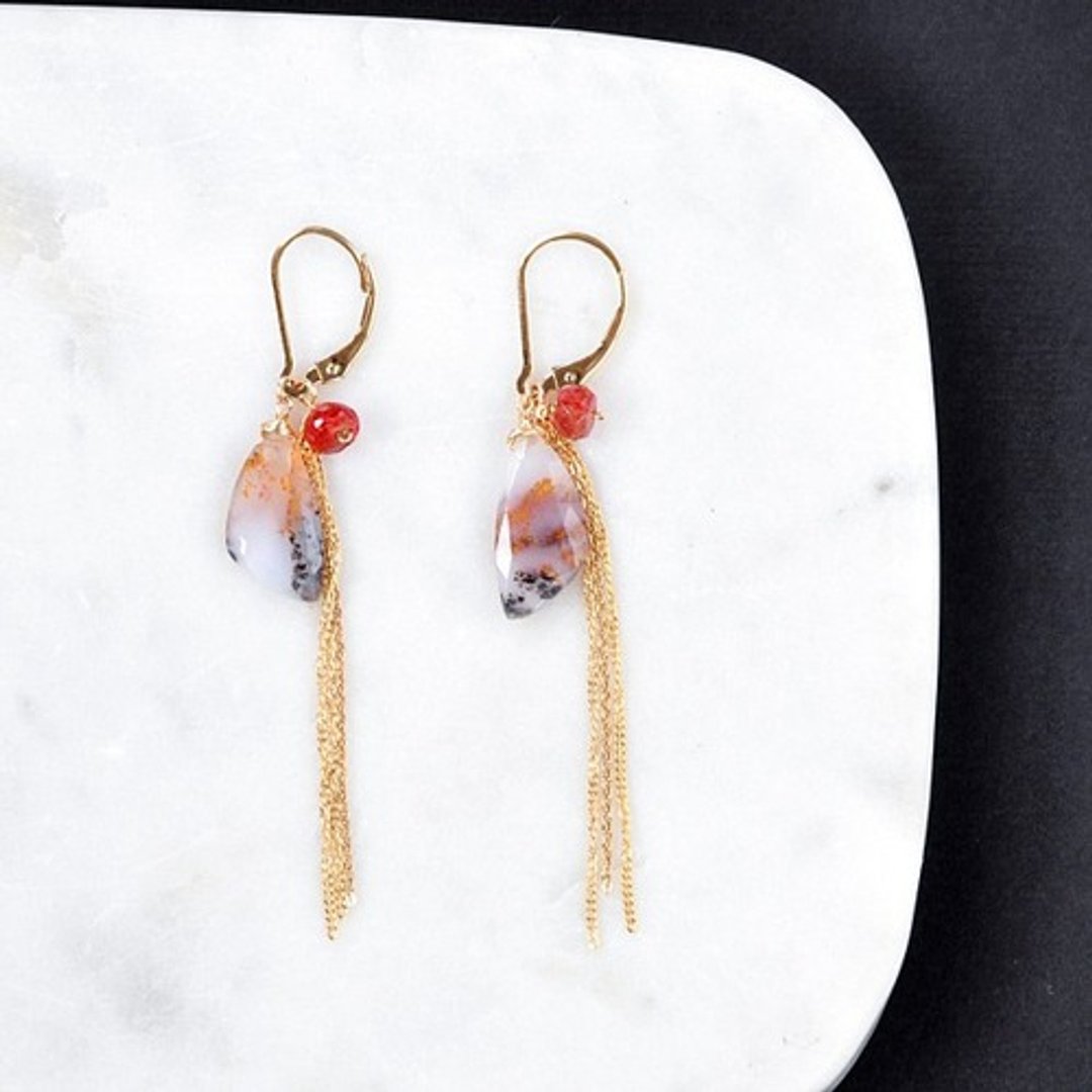 14kgf Dendritic Agate Chain Tassel Lever Hook Earrings - 耳环/耳夹 - 宝石 