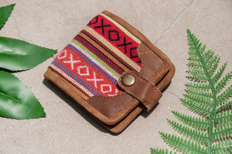 手工编织拼接皮革短夹 短皮夹 零钱包 编织短夹-民族风红色魔幻 - 皮夹/钱包 - 真皮 红色
