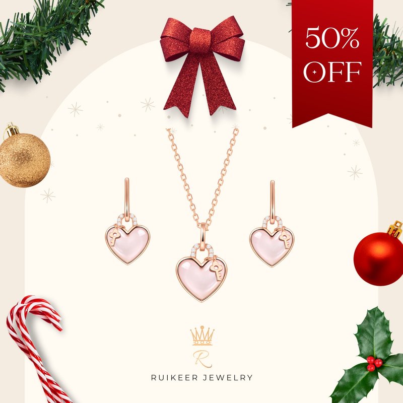 【圣诞限量半价套组】925纯银镀玫瑰金天然粉贝母项链耳环套组 - 项链 - 纯银 粉红色