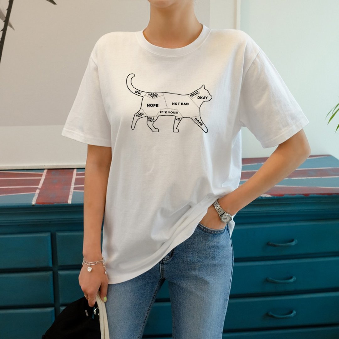 Cat Petting 短袖T恤白色 猫咪抚摸注意事项文青礼物毛小孩 - 女装 T 恤 - 棉 白色