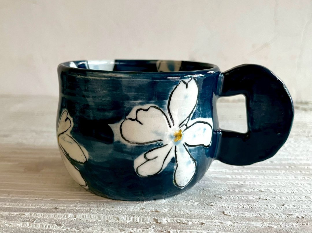 墨蓝语花手工咖啡杯_陶器马克杯 - 咖啡杯/马克杯 - 瓷 蓝色