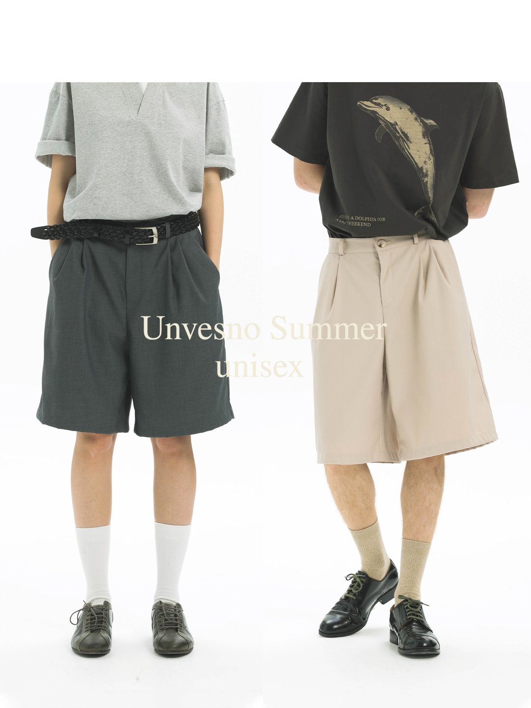 Unvesno(UN) 英伦通勤直筒休闲斜纹肌理五分裤男女款中长西裤 - 男士短裤 - 其他材质 