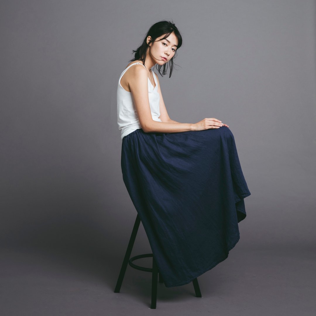 抽绳长裙 maxi skirt - 深蓝 - 裙子 - 棉 蓝色