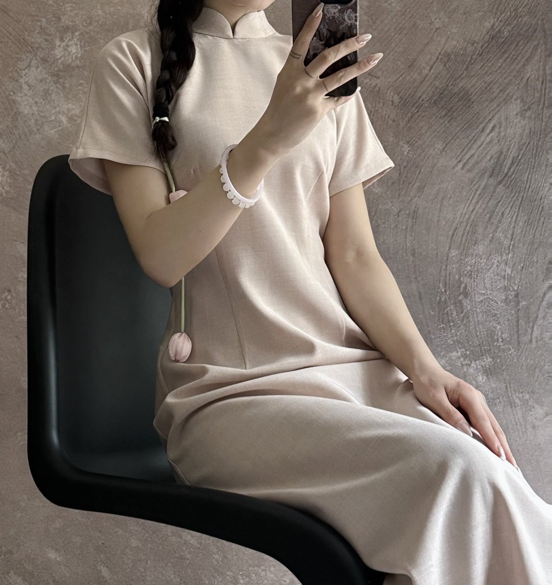 马卡龙色系 / 新中式复古旗袍连身裙 / 格纹 - 洋装/连衣裙 - 其他材质 多色