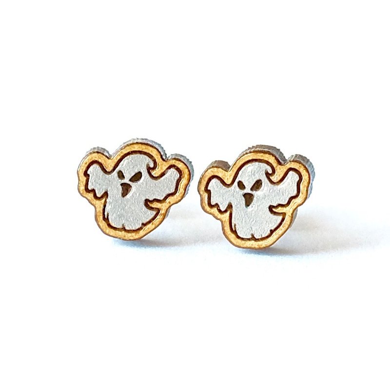 彩绘木耳环-万圣小鬼来袭(银色) - 耳环/耳夹 - 木头 银色