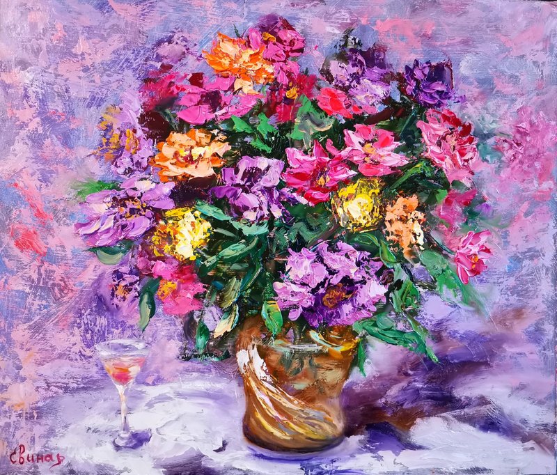 雏菊玻璃花瓶葡萄酒油画花厚涂原创艺术家 Svinar Oksana - 其他 - 其他材质 多色
