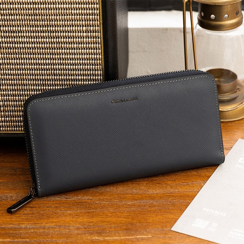 【金安德森】引领风潮 牛皮横式拉链长夹-深蓝 - 皮夹/钱包 - 真皮 蓝色