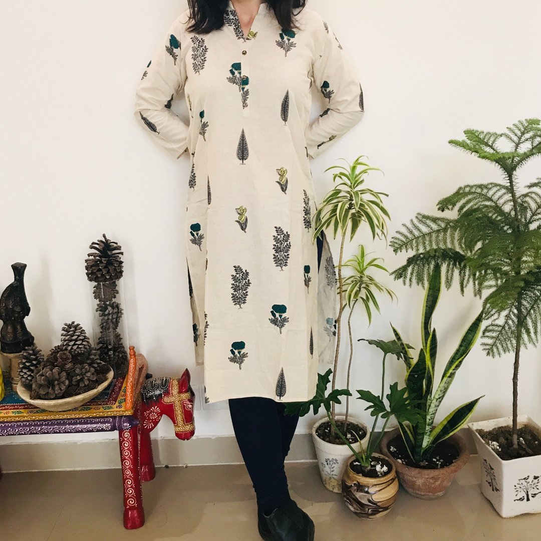 印度长版上衣库塔 Kurta－森林 - 女装上衣 - 棉 白色