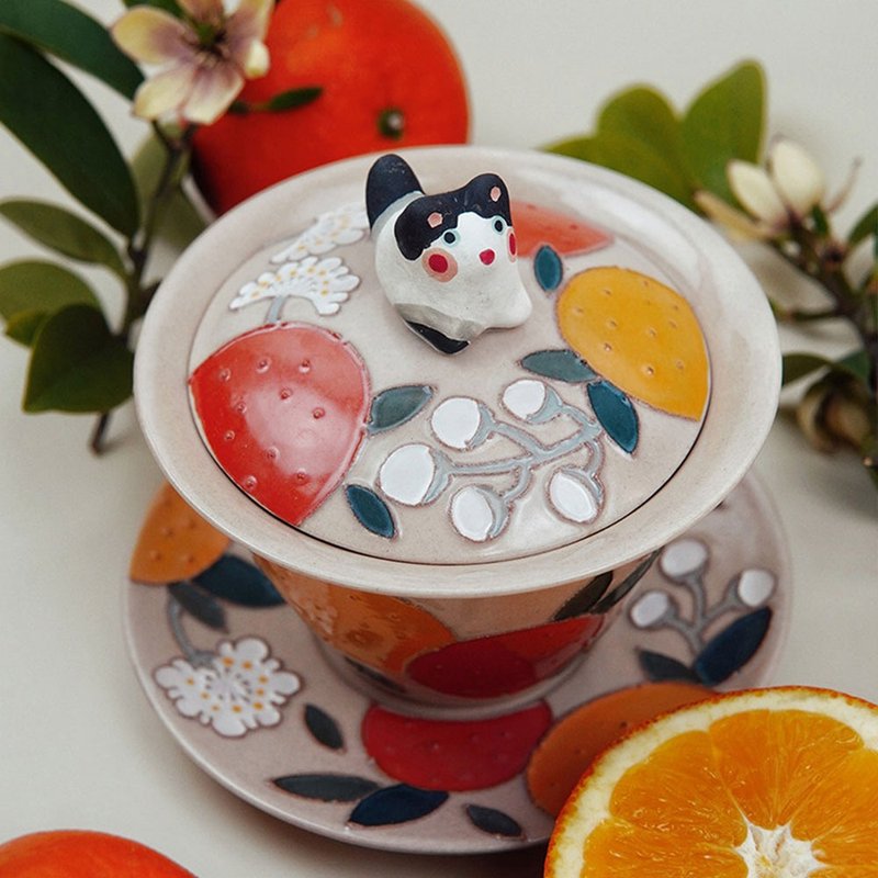 手繪大吉大利三才碗 | 釉下彩陶瓷蓋碗 | 日式手工原創茶具 - 茶具/茶杯 - 瓷 橘色