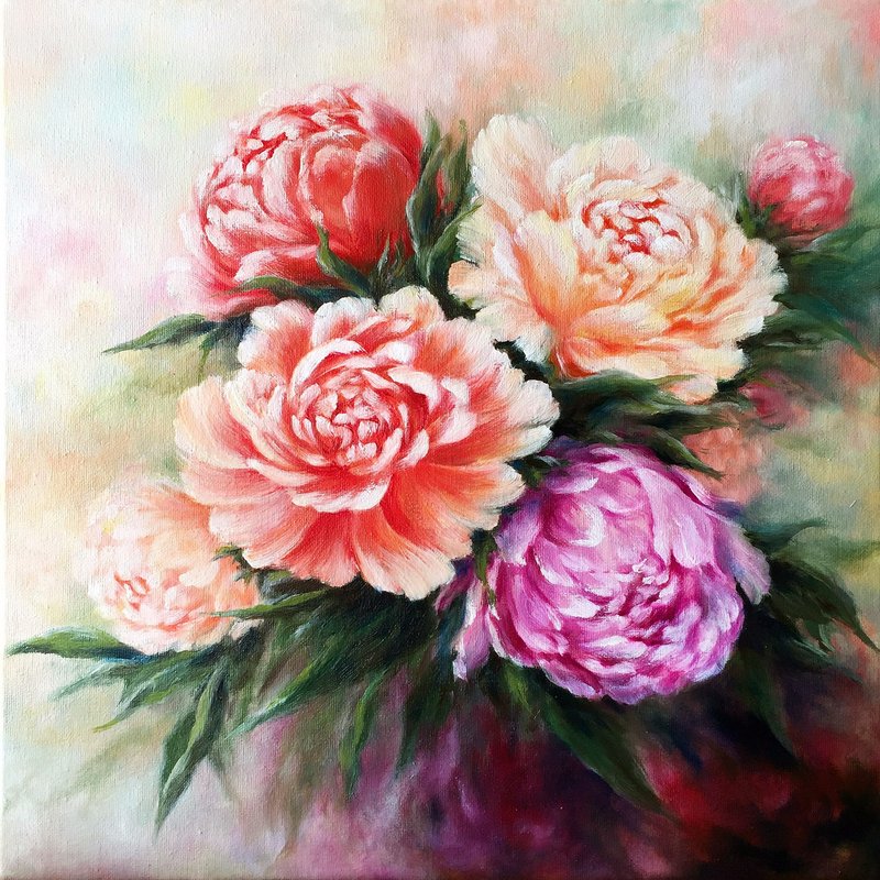 【牡丹】花卉原作油画 | 红粉紫花束浪漫居家装饰 | 富贵花开 - 海报/装饰画/版画 - 棉．麻 