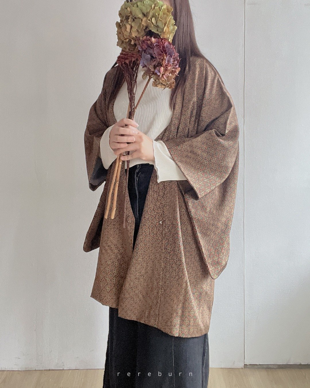 日本制和风印花薄款红棕色古着道行和服外套 - 女装休闲/机能外套 - 聚酯纤维 咖啡色