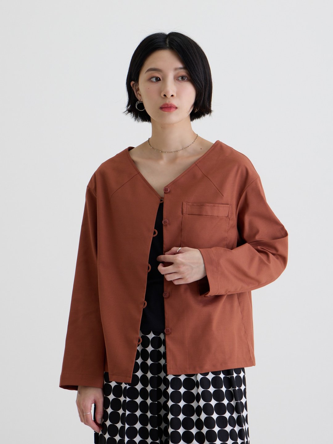 开襟V领长袖外套-秋分 - 女装休闲/机能外套 - 其他人造纤维 红色