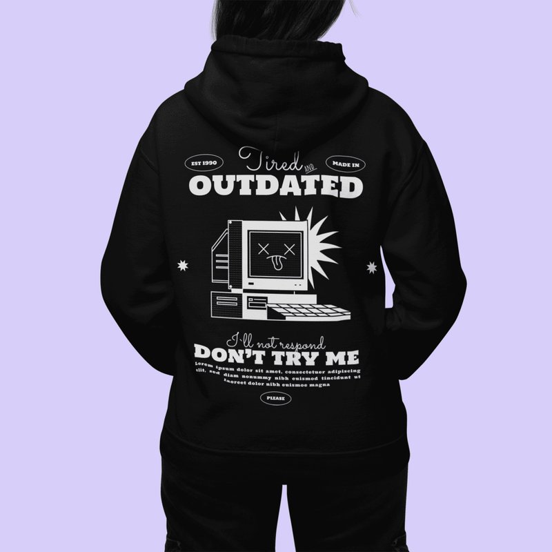 90年代美学连帽衫、街头风、疲惫连帽衫、蒸气波衣服、原宿 - 中性连帽卫衣/T 恤 - 棉．麻 黑色