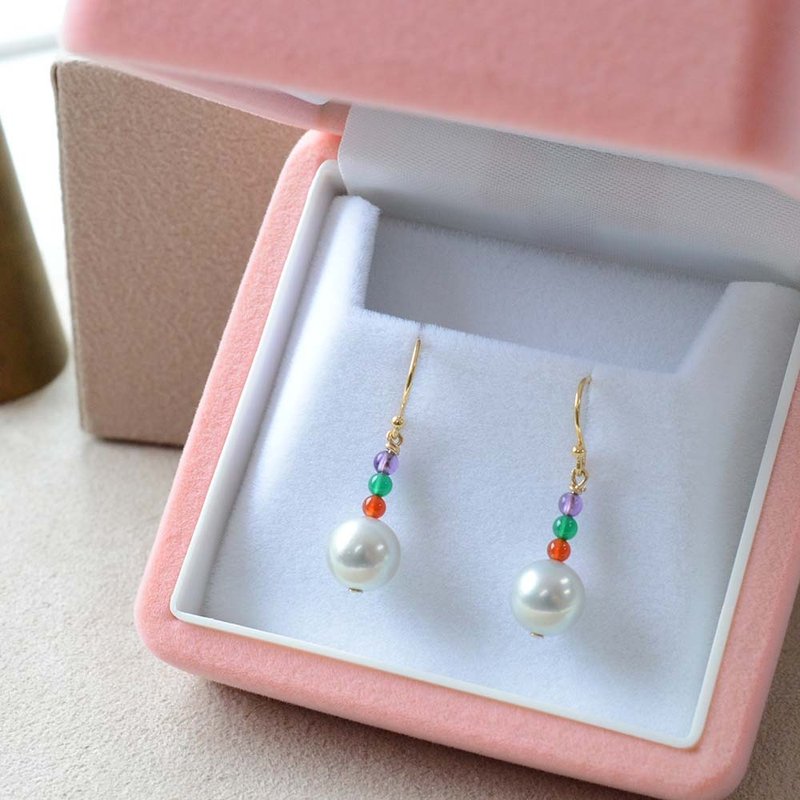 18K 金 天然 Akoya 珍珠耳环 三色天然石耳环 紫水晶・绿玉髓・红玉 - 耳环/耳夹 - 珍珠 