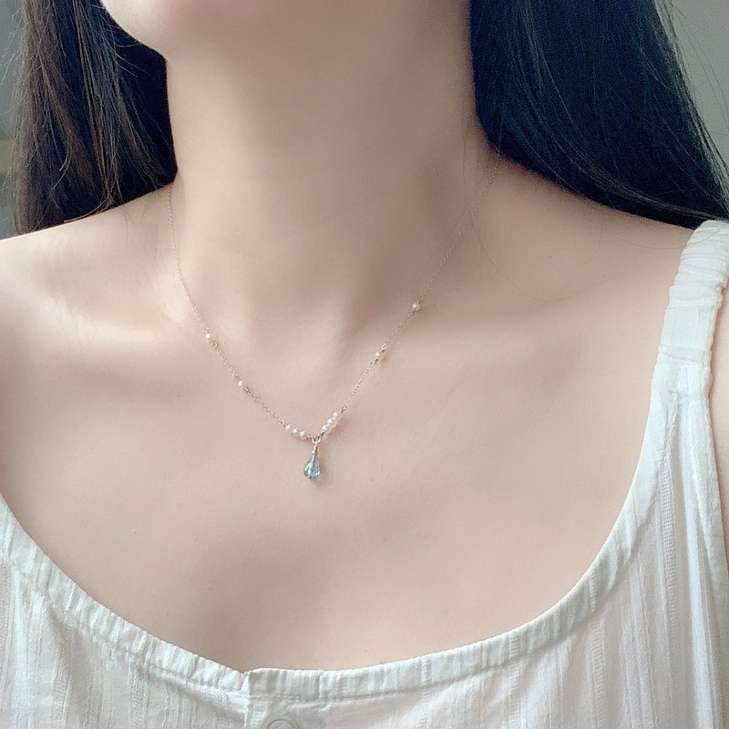 【14Kgf不褪色】天然全净体托帕石 刻面水滴 珍珠细致锁骨链 限量 - 项链 - 贵金属 