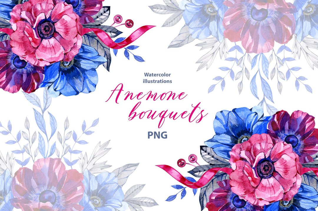 Watercolor Anemone bouquet clipart set, 7 Png, floral Clipart, pink watercolor - Logo 设计/图案设计 - 其他材质 