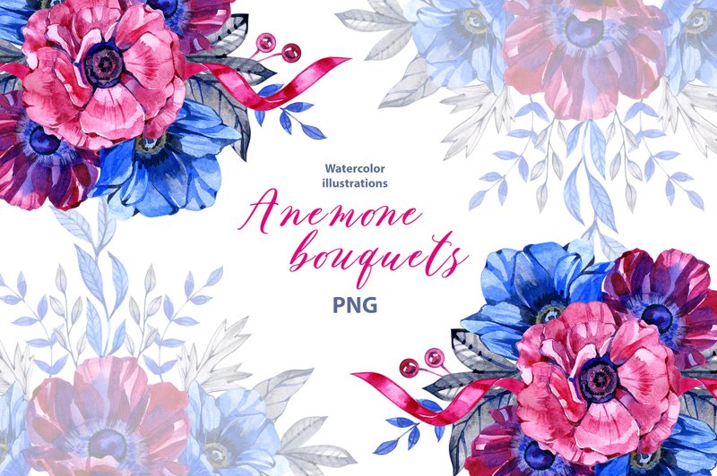 Watercolor Anemone bouquet clipart set, 7 Png, floral Clipart, pink watercolor - Logo 设计/图案设计 - 其他材质 