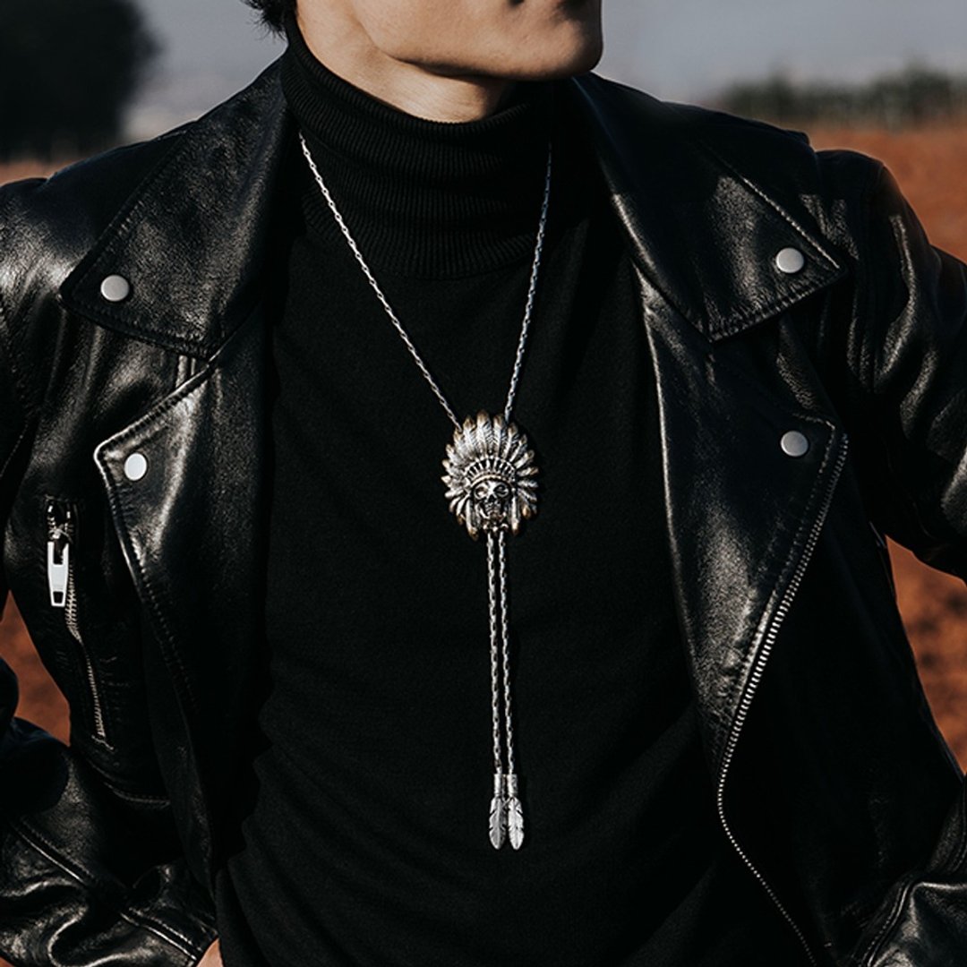 印地安骷髅酋长  保罗领带 Bolo Tie 金属绳领带 长项链 - 领带/领带夹 - 其他金属 银色