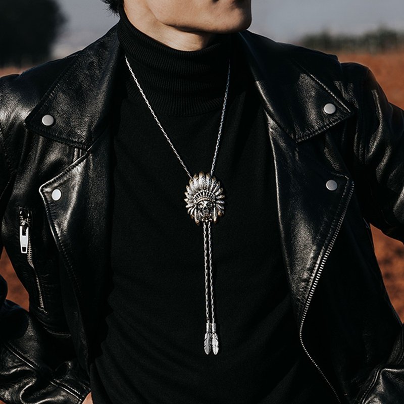 印地安骷髅酋长  保罗领带 Bolo Tie 金属绳领带 长项链 - 领带/领带夹 - 其他金属 银色