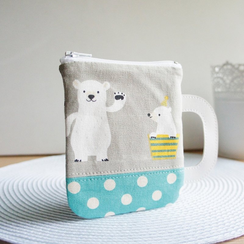 Lovely北极熊马克杯、多用途手作零钱包、灰/点点湖绿(随机出货) - 零钱包 - 棉．麻 灰色
