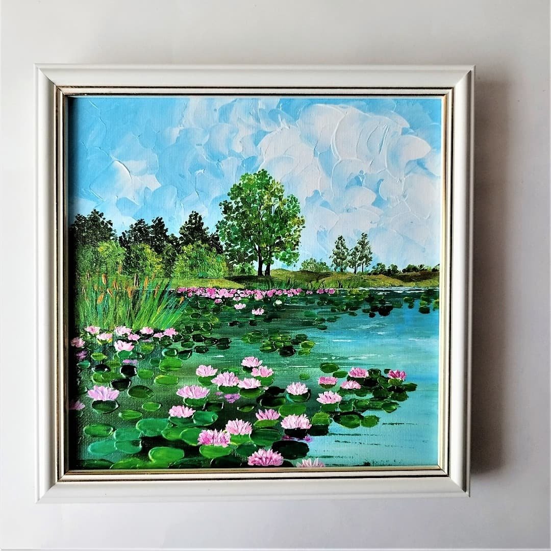 Water Lily original painting 掛畫 Flower art Impasto Lotus Pond 油畫 Landscape 客廳 掛畫 - 墙贴/壁贴 - 压克力 多色