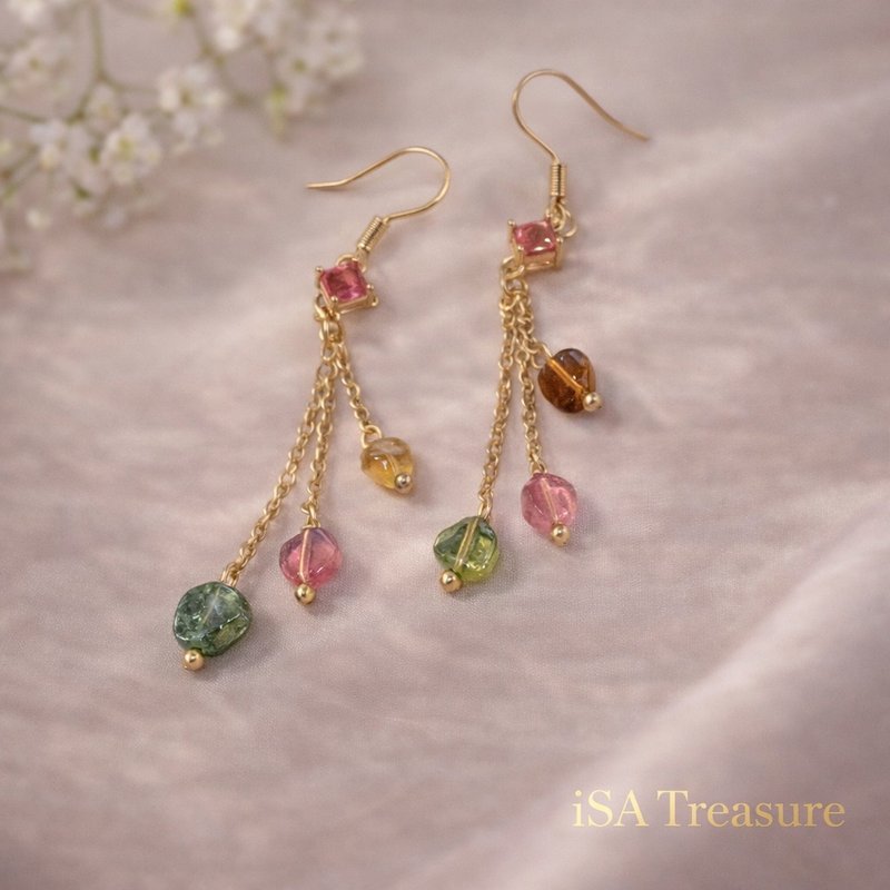 //天然碧玺垂坠耳环// 温柔色阶・日常优雅款 - 耳环/耳夹 - 宝石 粉红色