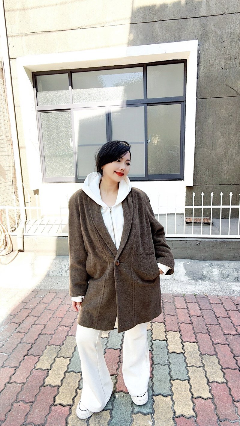 茶咖褐色厚磅简约大V领 无肩线 古着喀什米尔羊绒中长款大衣外套 - 女装休闲/机能外套 - 羊毛 咖啡色
