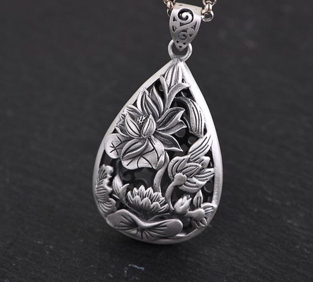 100% Real 990 Pure Silver Pendants for Women Hollow Lotus Necklace NO Chain - 长链 - 纯银 银色