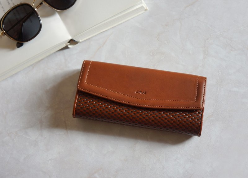 草席纹长夹 - 皮夹/钱包 - 真皮 咖啡色