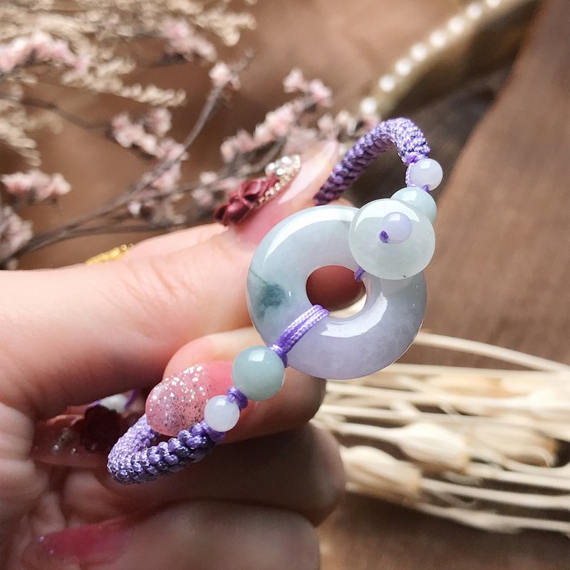 冰糯飘绿花翡翠平安扣编织手链 | 天然缅甸玉A货翡翠 | 送礼 - 手链/手环 - 玉石 绿色