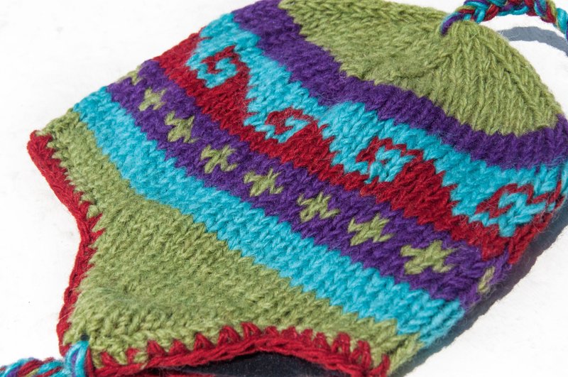 针织纯羊毛帽/手工内刷毛毛帽/针织毛帽/飞行毛帽/毛线帽-绿山丘 - 帽子 - 羊毛 多色