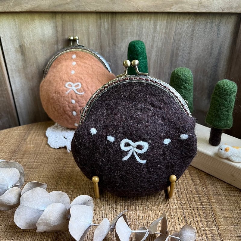蝴蝶结日系 简约 羊毛毡口金包 零钱包 收纳包 小钱 - 零钱包 - 羊毛 咖啡色