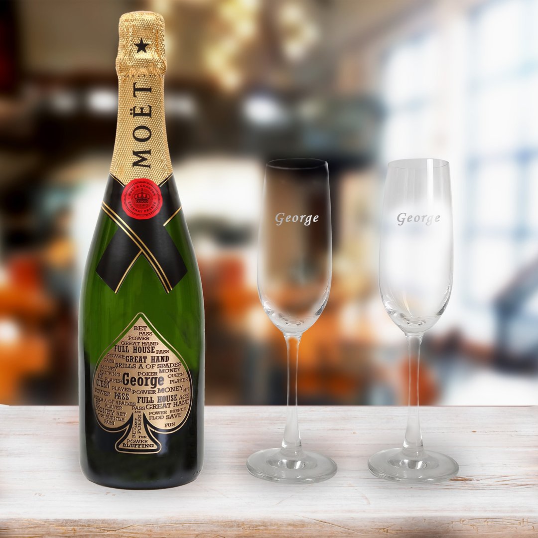 【定制化】专属黑桃A酩悦香槟和香槟杯套装|雕刻 生日礼物 - 酒类 - 玻璃 