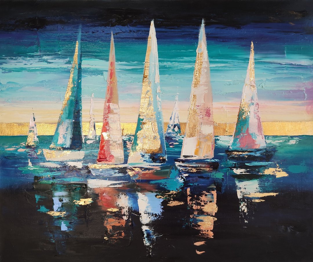 Abstract Sailboat Oil Painting on Canvas Original Gold Leaf Blue Sailing Artwork - 墙贴/壁贴 - 其他材质 蓝色