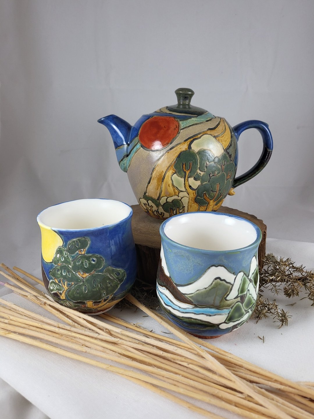 手绘山景大茶壶组 - 茶具/茶杯 - 瓷 绿色