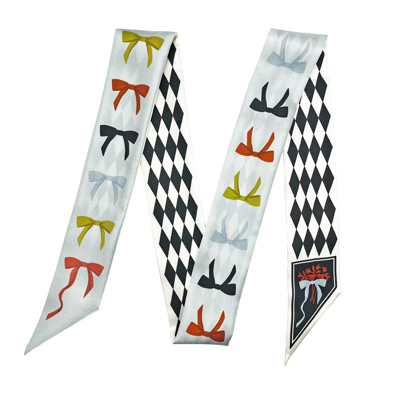 100%桑蚕丝真丝窄领巾/丝巾/飘带/包柄带/发带::蝴蝶结几何双拼 - 丝巾 - 丝．绢 黑色