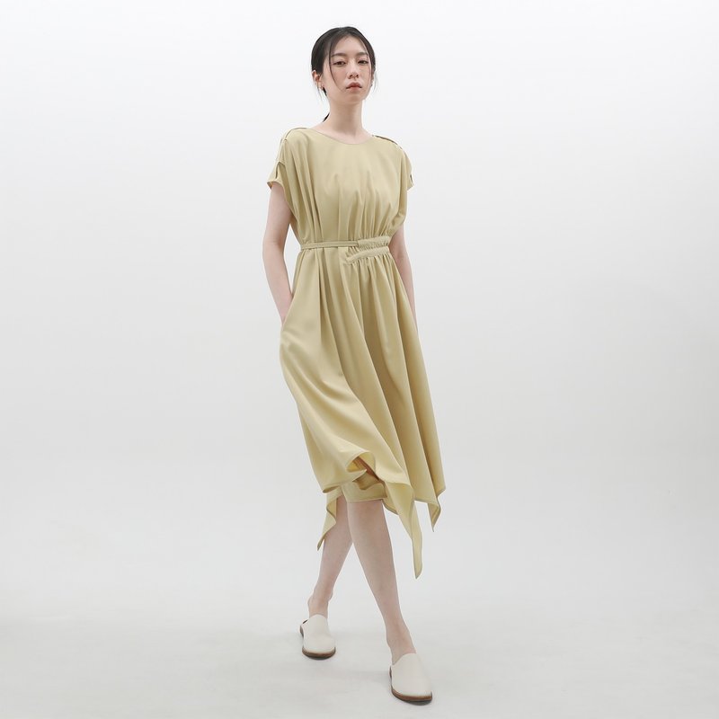 Shiyue_时月不规则抽皱洋装_23SF105_芥黄 - 洋装/连衣裙 - 聚酯纤维 黄色