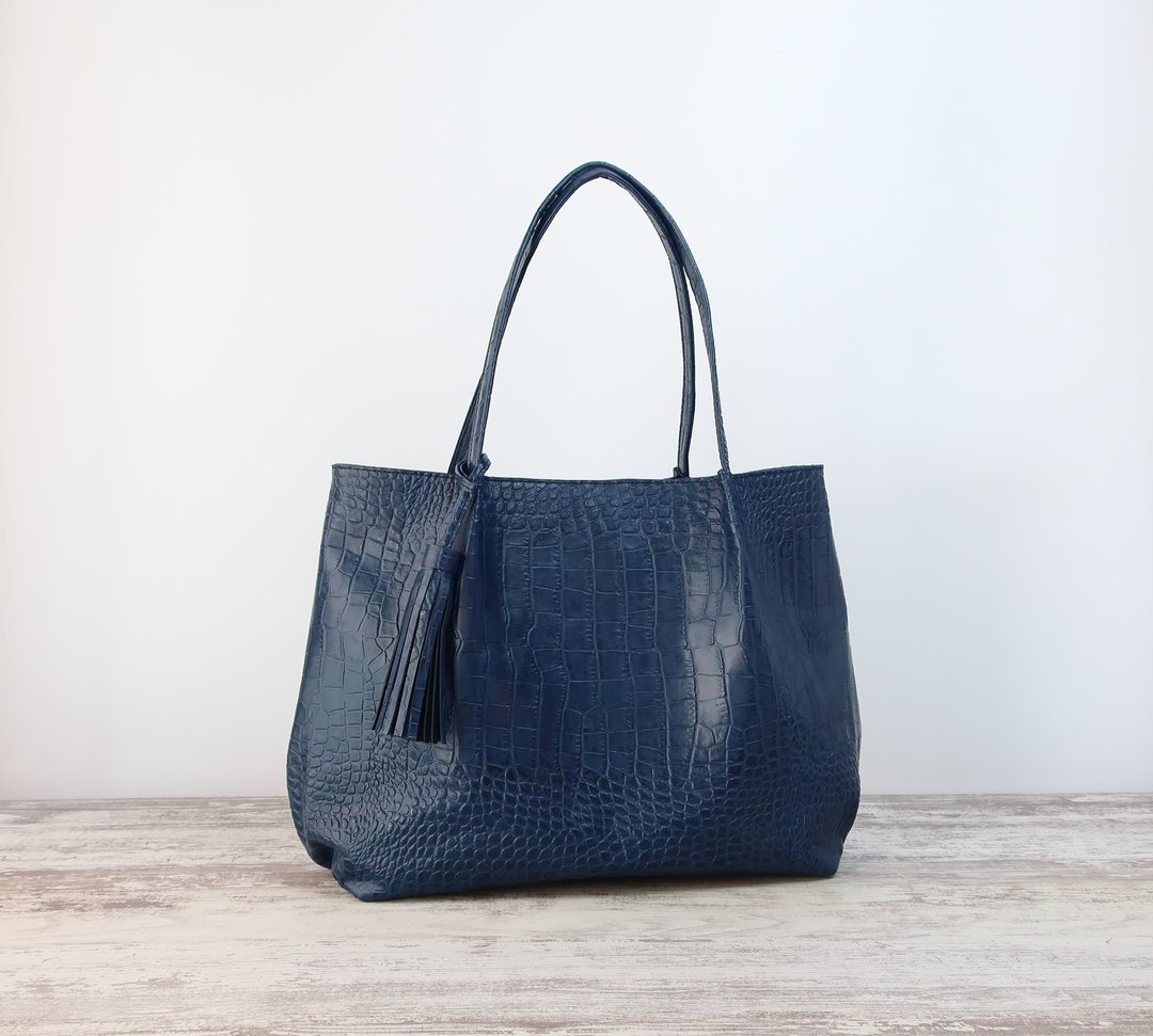 Fluffy tucked tote bag, L size, navy, made-to-order - 手提包/手提袋 - 真皮 蓝色