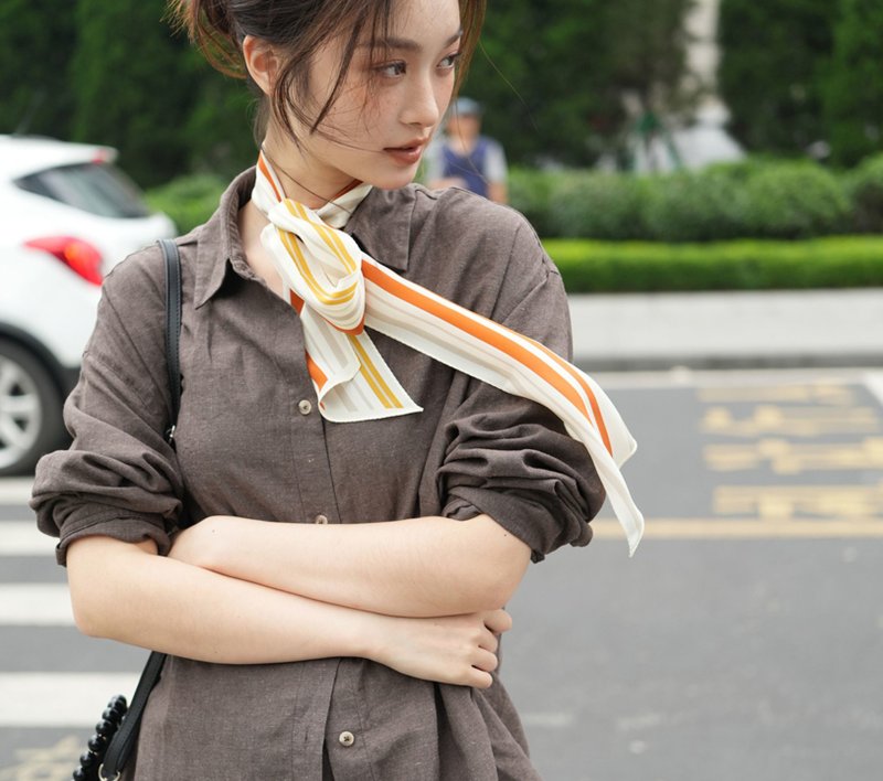 【真丝条纹】法式复古/轻薄飘逸/双绉飘带丝巾 - 丝巾 - 丝．绢 多色