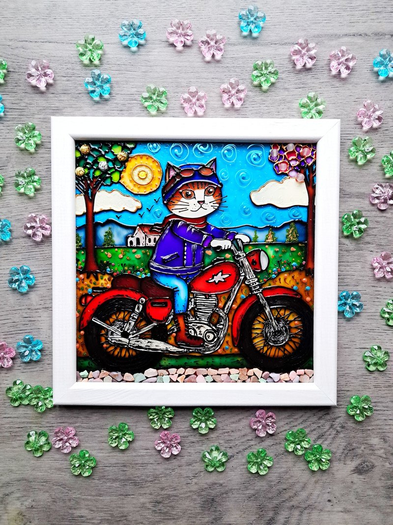 摩托车儿童房墙上挂着宠物爱好者的玻璃猫原画 - 墙贴/壁贴 - 玻璃 多色