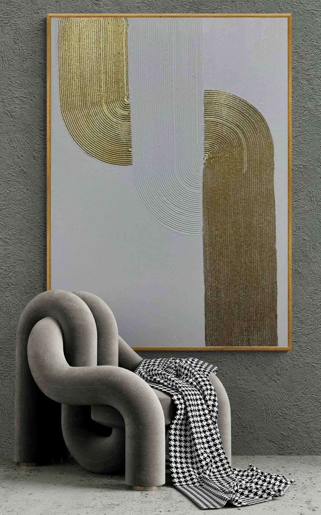 画布上大型抽象油画，白色纹理和金色原漆 - 墙贴/壁贴 - 棉 白色
