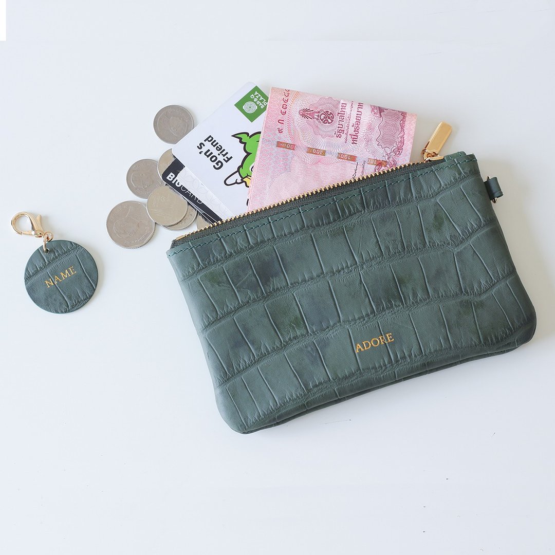 Handmade leather Coin Purse with Personalized Name Stamp - Forest Green - 零钱包 - 真皮 绿色