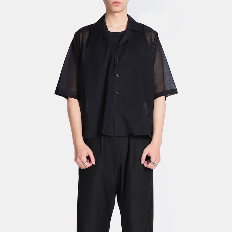 薄纱古巴领五分短版衬衫 - 男装衬衫 - 棉．麻 黑色