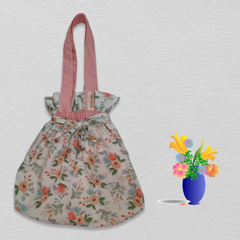 Drawstring bag, shoulder bag, floral pattern, casual bag, travel bag , Gifts - 束口袋双肩包 - 棉．麻 橘色