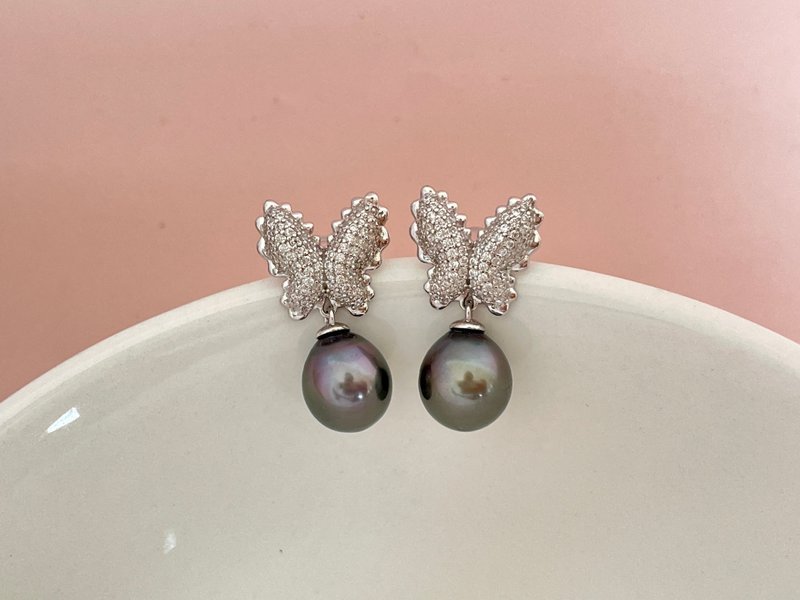 蝴蝶天然海水珍珠 大溪地黑珍珠 纯银耳环 - 耳环/耳夹 - 珍珠 黑色